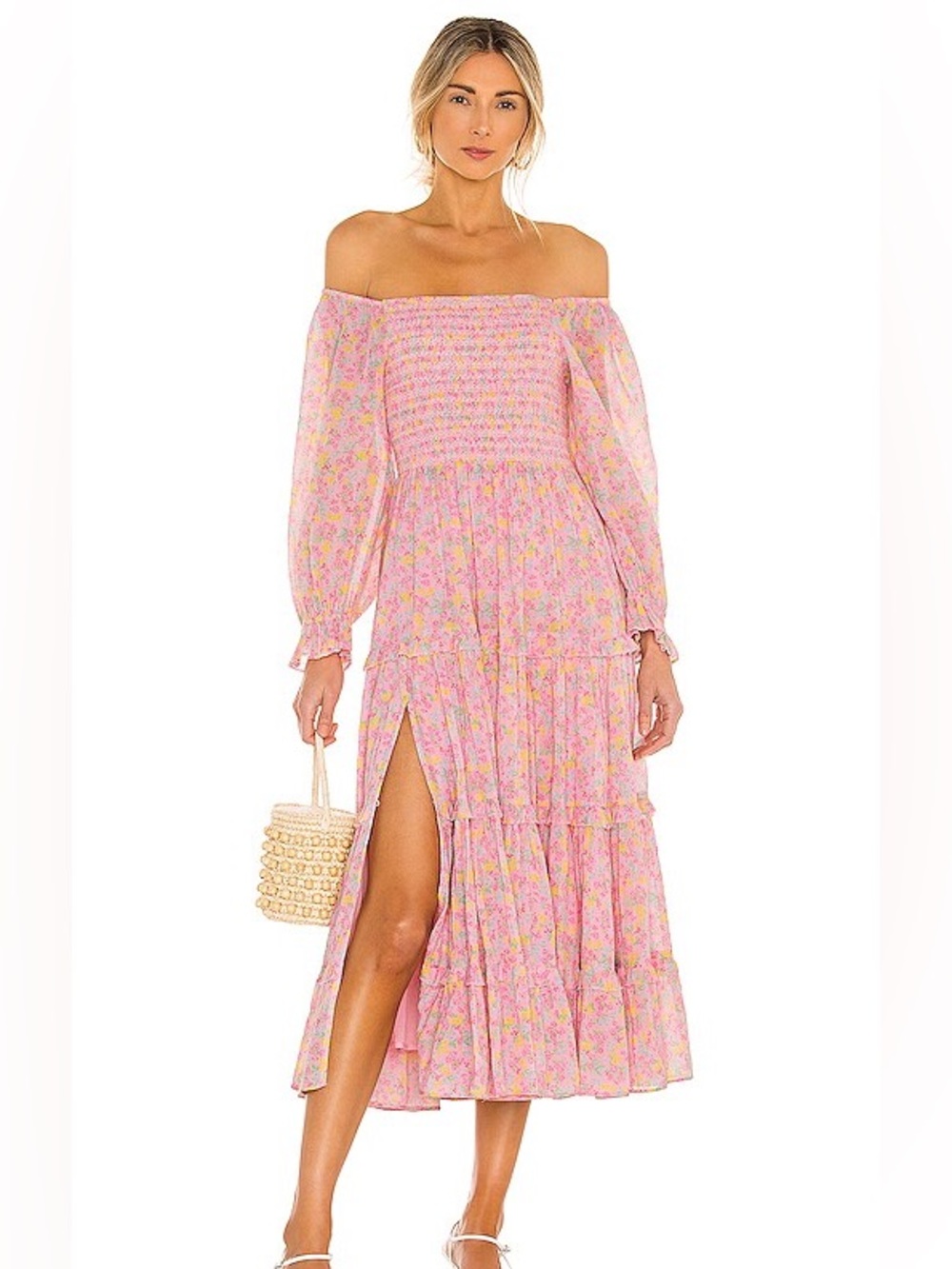 Love Shack Fancy Pink Floral Tiered Midi Dress Size L